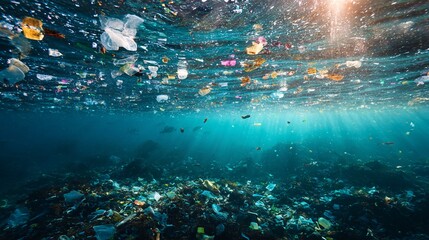 Underwater view of plastic pollution with sunlight penetrating ocean surface