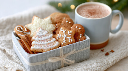 A homemade christmas cookie gift box with gingerbread and star shapes on a cozy coffee table next to a mug of hot chocolate.