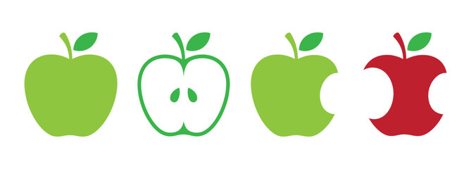 Apples graphic icons set. Fruits isolated signs on white background. Vector illustration. A collection of  featuring whole, bitten, and halved apples with stems and leaves.