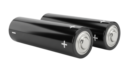 Two black cylindrical power cells sit side by side against a dark background