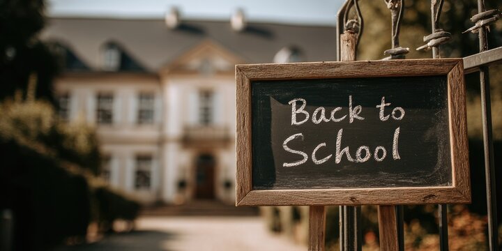 Back to School sign on a gate, in front of a mansion