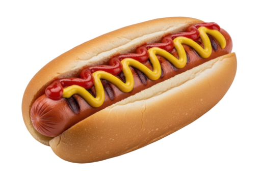A perfectly grilled frankfurter hot dog with red ketchup and yellow mustard in a toasted brioche bun, on a transparent studio background with copy space, appetizing food photography