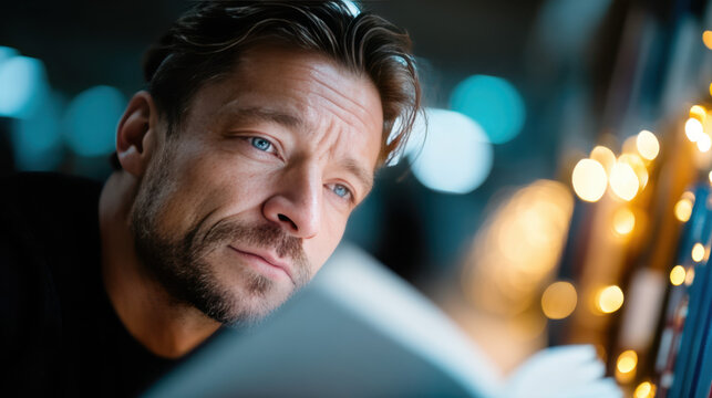 Thoughtful man reading a book in a quiet library with dimly lit ambiance and bookshelves