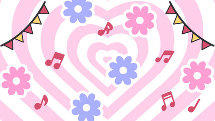 Pink Decorative Heart with Floral and Music Notes. Perfect for cute romantic designs, party themes, Valentine Day graphics, kid illustrations, greeting cards, and festive invitations