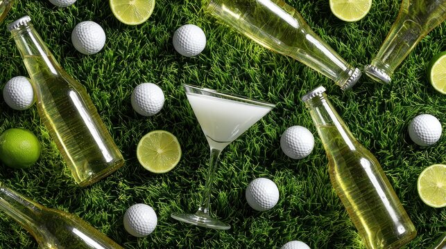 Refreshing beverage arrangement on lush green grass with golf balls and lime slices
