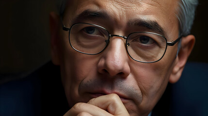 Thoughtful senior Caucasian man with serious expression wearing glasses. This pensive close up portrait of mature businessman or leader shows intense concentration and deep thought