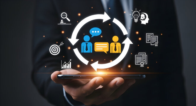 Business process optimization with circular workflow and team collaboration icons - Powered by Adobe