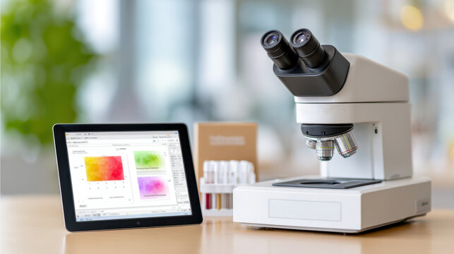 Modern optical microscope and digital tablet with colorful data on a glossy white laboratory table for scientific research