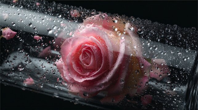 Close-up of pink rose covered in water droplets on black background - Powered by Adobe