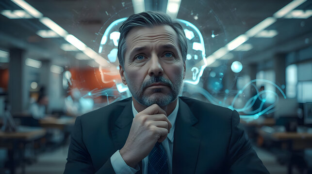 Thoughtful businessman thinking about futuristic technology concept. This represents business strategy, innovation, and artificial intelligence with pensive expression - Powered by Adobe