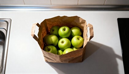 Open paper bag with apples inside under bright kitchen light, clean mood, photorealistic style