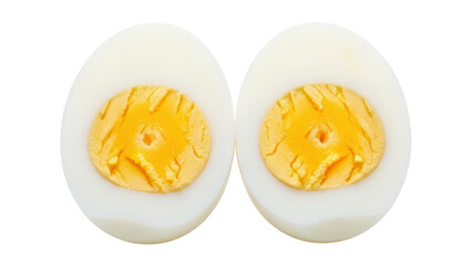 Two halves of a single hard boiled egg displayed side by side against a dark background