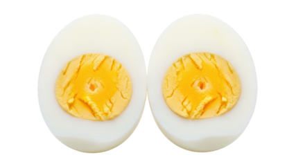 Two halves of a single hard boiled egg displayed side by side against a dark background