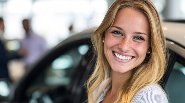 Smiling young woman with long blonde hair in car showroom with natural light