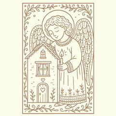 Guardian Angel with Candle and Cozy House. A delicate line-art illustration of a protective angel watching over a warm home, drawn in folk style.