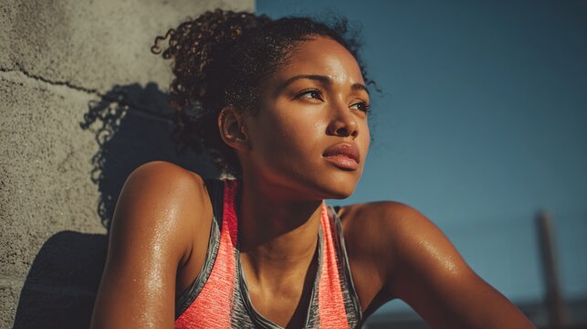 Thoughtful young woman resting outdoors in natural sunlight with urban background