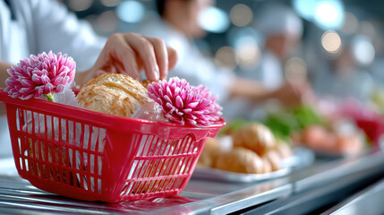 A red plastic shopping basket filled with baked goods and pink flowers on a store checkout conveyor belt