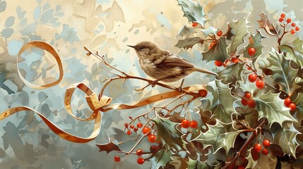 Detailed gouache painting illustration of traditional wren bush decoration, botanical accuracy with holly branches, red berries and ivy leaves, small wren bird perched on top
