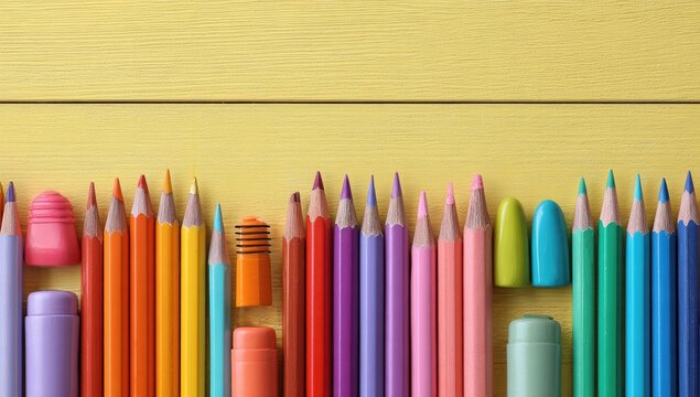 Colorful pencils and art supplies arranged on a yellow wooden surface