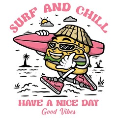 surf and chill with burger cartoon 