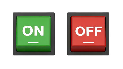 Illuminated rocker switches display contrasting power states against a dark background