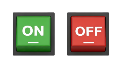 Illuminated rocker switches display contrasting power states against a dark background