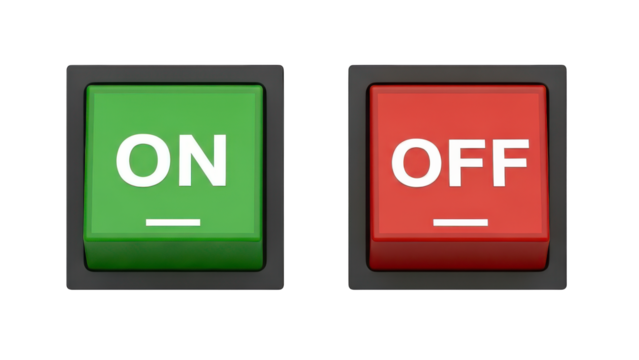 Illuminated rocker switches display contrasting power states against a dark background