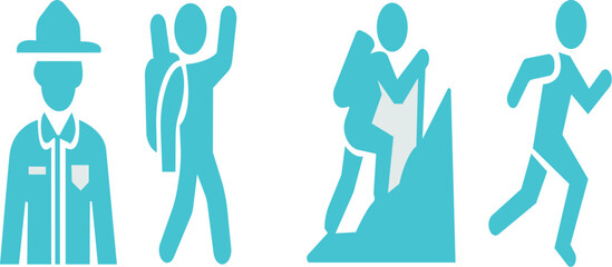 Hiking icon set. Camping icons featuring tents, and outdoor activities in a monochrome style targeting adventure enthusiasts. Hiking Essentials Icons. Solid icon with black color.