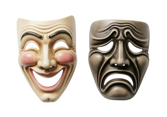 Two stylized theatrical face coverings representing contrasting human emotions are displayed side by side