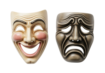 Two stylized theatrical face coverings representing contrasting human emotions are displayed side by side