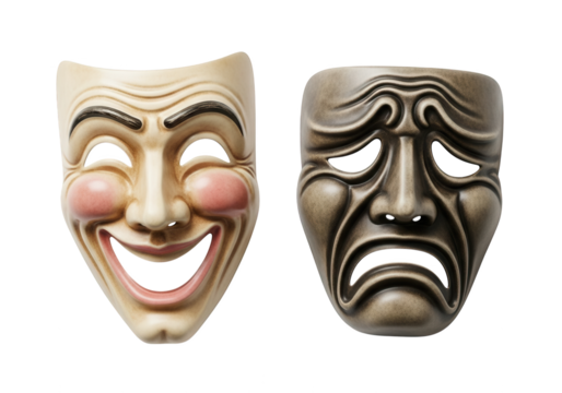 Two stylized theatrical face coverings representing contrasting human emotions are displayed side by side