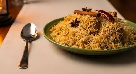 Delicious chicken biryani adorned with spices, a culinary delight that captures the essence of authentic Indian cuisine, perfect for food blogs and restaurants