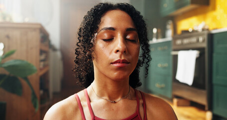 Yoga, breathe or woman in house with eyes closed, meditation or holistic approach in body wellness....