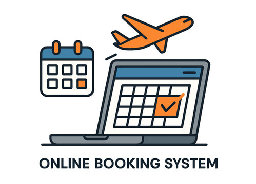 Online booking system with laptop, calendar, and airplane icon