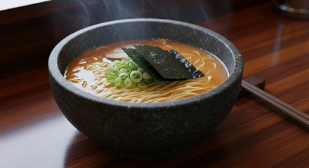 Delicious steaming bowl of ramen with seaweed and green onions awaits on a wooden table, ready for a flavorful and satisfying meal experience