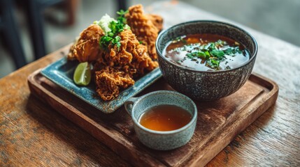 Crispy fried chicken served with flavorful broth and dipping sauce on wooden table garnished with herbs and lime for delicious dining experience