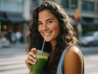 Happy Brunette Woman Drinking Green Smoothie on City Street