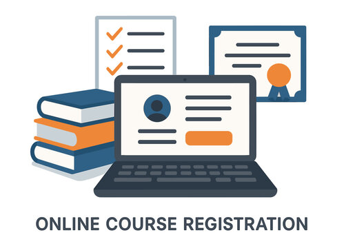 Online course registration: laptop with books, certificate, and checklist