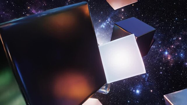 Abstract colorful cubes float in mid air against starry background, inviting limitless possibilities of idea generation, perfect for marketing campaigns for tech startups or promoting cutting.