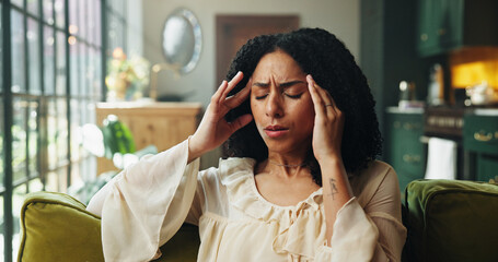 African woman, discomfort and headache at house with fatigue, overwhelmed and burnout symptoms....