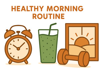 Healthy morning routine with clock, smoothie, and exercise icon