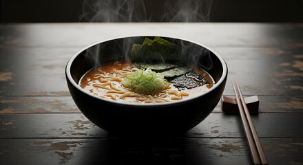 Savor the Flavor Fresh Bowl of Delicious Hot Ramen Noodle Soup with Green Onions and Seaweed on Rustic Wooden Table, Warm Comfort Food
