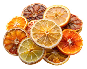Pile of dried citrus fruit slices isolated on transparent background