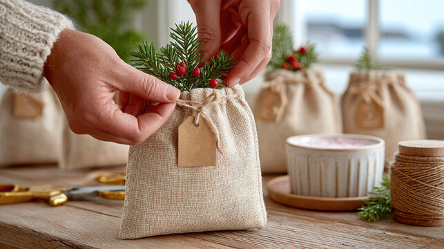 Hands decorating kraft paper bags with fir and berries near twine and scissors on a wooden table