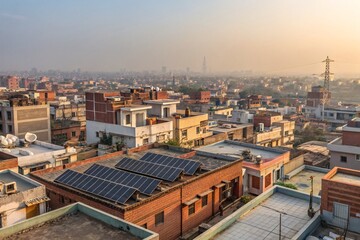 Fototapeta premium Urban Indian Rooftops with Solar Panels at Sunset | Sustainable Cityscape 
