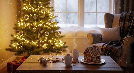 Cozy Christmas Eve scene with gingerbread house and steaming cocoa by a twinkling tree, perfect for holiday promotions and heartwarming seasonal content