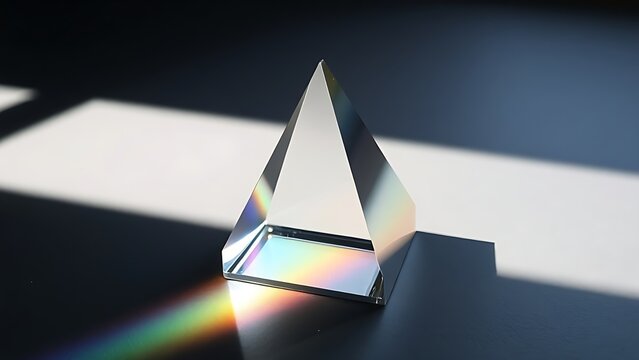 rockwell. Clear glass prism refracting rainbow light spectrum on dark surface. STEM education sheets, lab safety posters, designed for biotech research communications, used by data analysts.