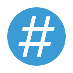 Blue circle icon with white hashtag symbol for social media tag