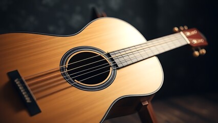 headstock. Acoustic guitar resting on a wooden stand, highlighting strings and soundhole with warm lighting. tutorial guides, club newsletters, designed for tourism and weekend activity guides.