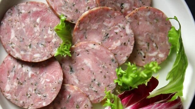 Sausage with garlic and spices slices of salami meat tasty snack fresh gourmet food background on the table rustic food top view copy space